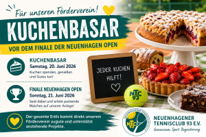 Grafik zum Aufruf für den Kuchenbasar im Rahmen der Neuenhagen Open 2026.
