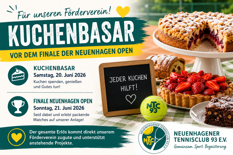 Grafik zum Aufruf für den Kuchenbasar im Rahmen der Neuenhagen Open 2026.